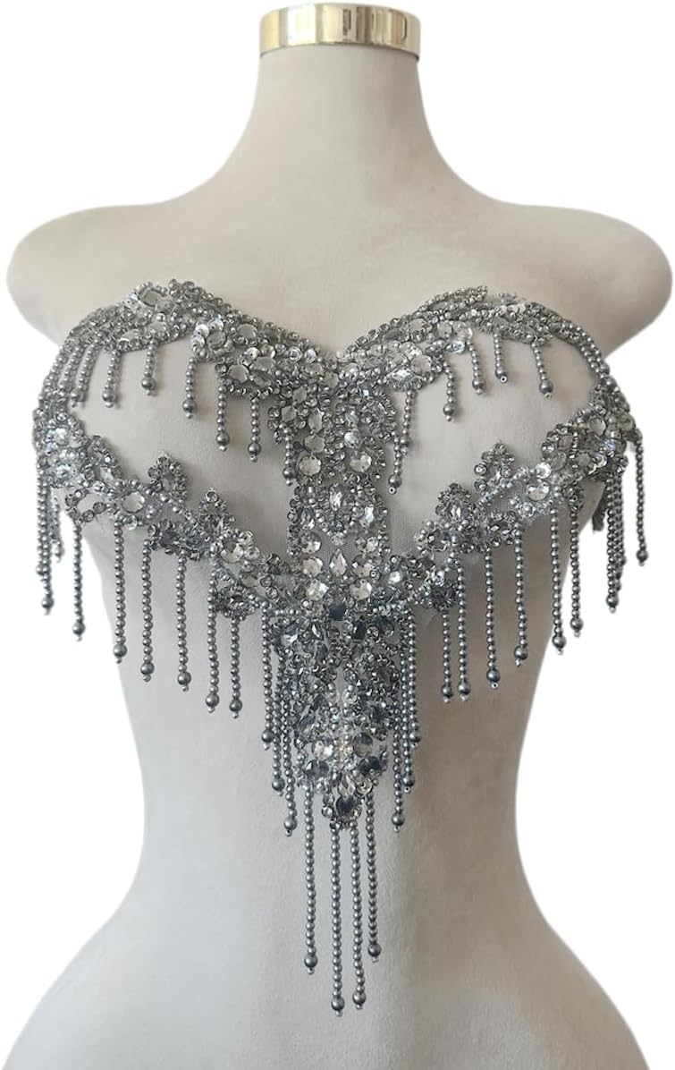 MOPISVN Handmade Crystal on lace Applique Sewing Rhinestones Fringe Beads Sequins Patches Trim Luxury Decoration Accessories for Wedding Dress 17X12.5inches (Gray) - Image 1